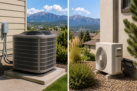 Central air conditioning unit and ductless mini split outdoor unit compared side by side at a Denver home