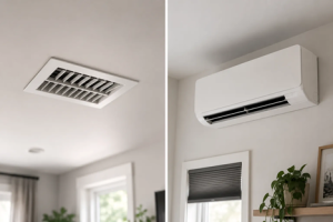 Central AC ceiling vent compared to a ductless mini split wall unit inside a Denver home
