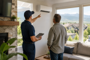 Comfort Pros HVAC technician explaining mini split installation options to a Denver homeowner Use this as a starting point: