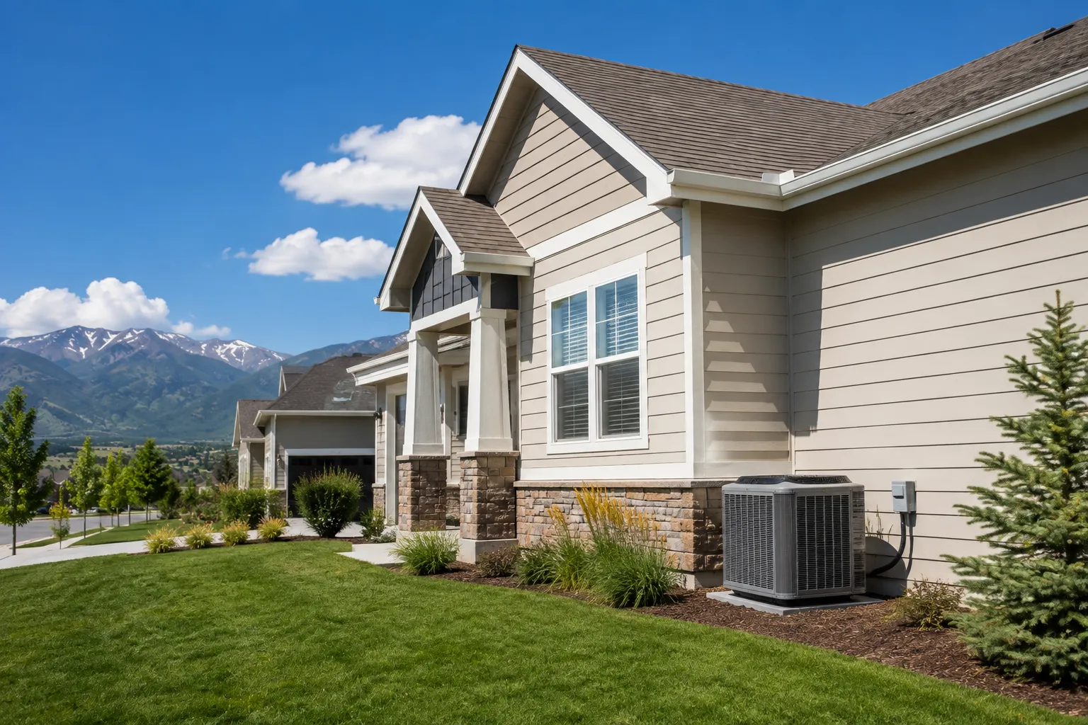 Residential air conditioning unit outside a Denver home ready for Colorado summer heat.