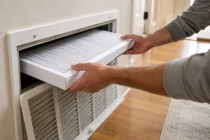 Homeowner replacing AC air filter in a Denver home before summer cooling season.