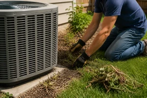 Homeowner clearing debris from around an outdoor AC condenser unit to prepare for Colorado summer.