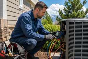HVAC technician performing a professional AC tune-up at a Denver home before summer.