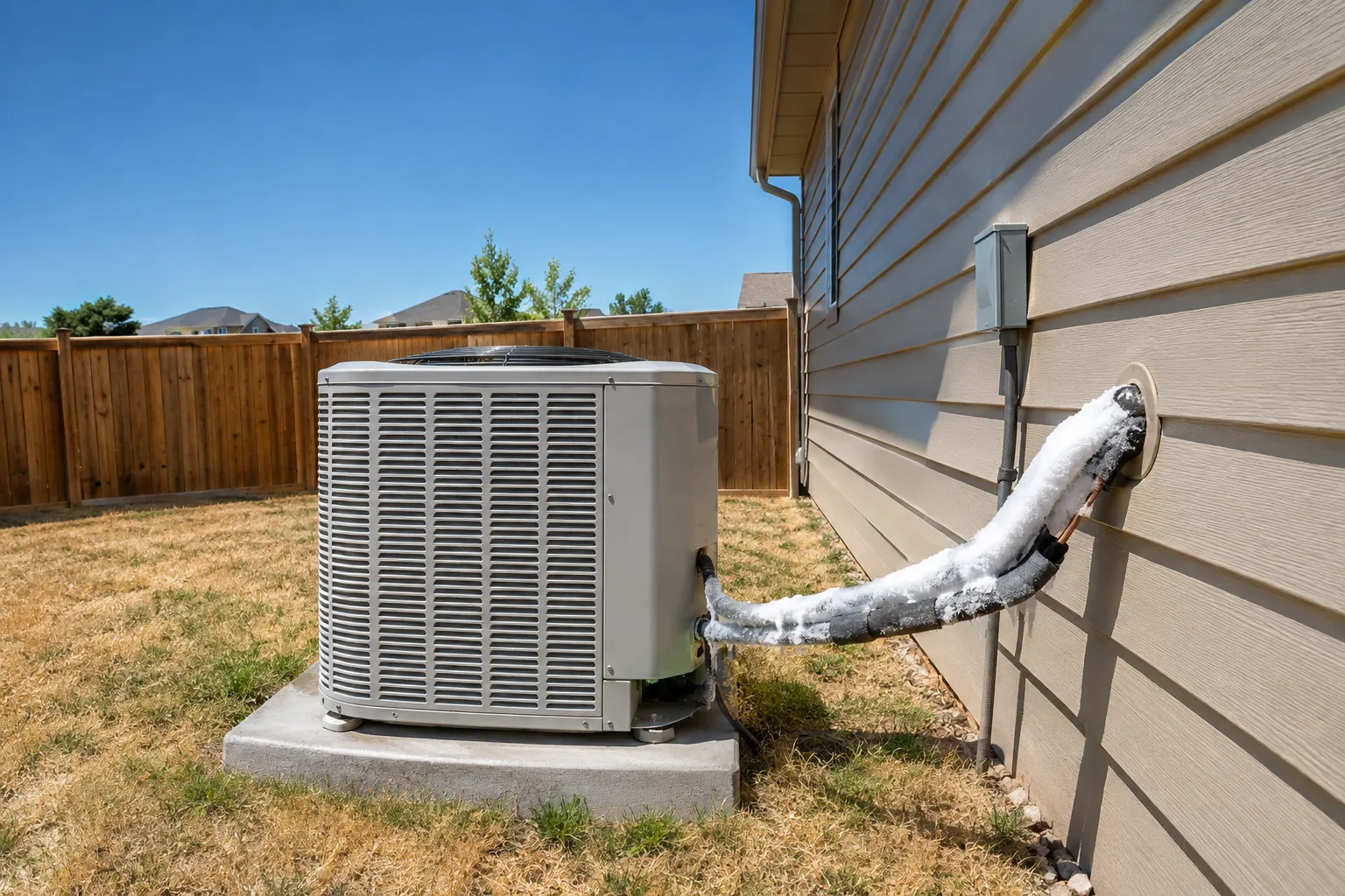 Ice coating the refrigerant line on an outdoor AC condenser unit beside a Denver area home in August heat.