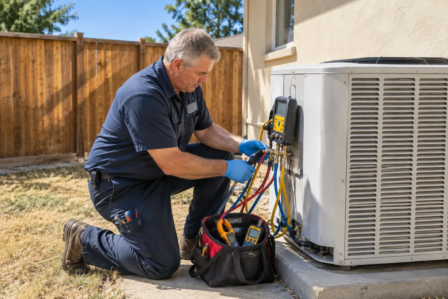 HVAC technician connecting manifold gauge set to AC condenser service ports in Lakewood Colorado.