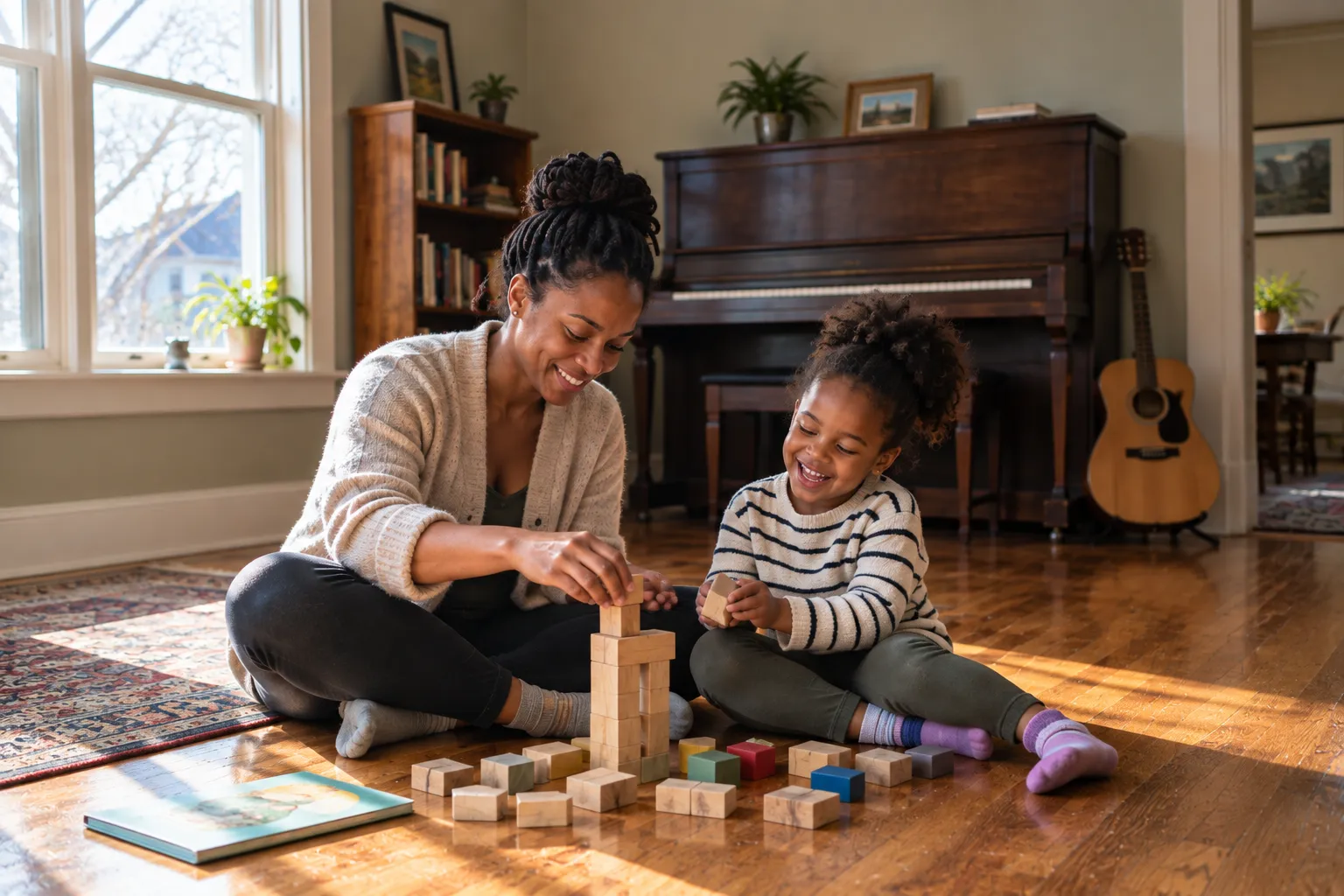 Mother and young daughter sitting on the hardwood floor of a Denver bungalow, playing in warm winter afternoon light