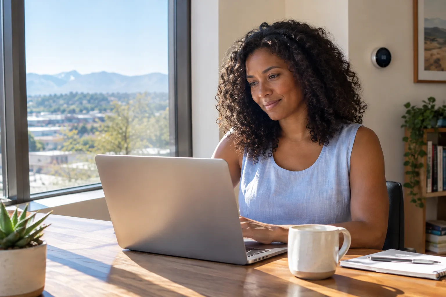 Denver homeowner comfortable at her desk in a sunny west-facing home office