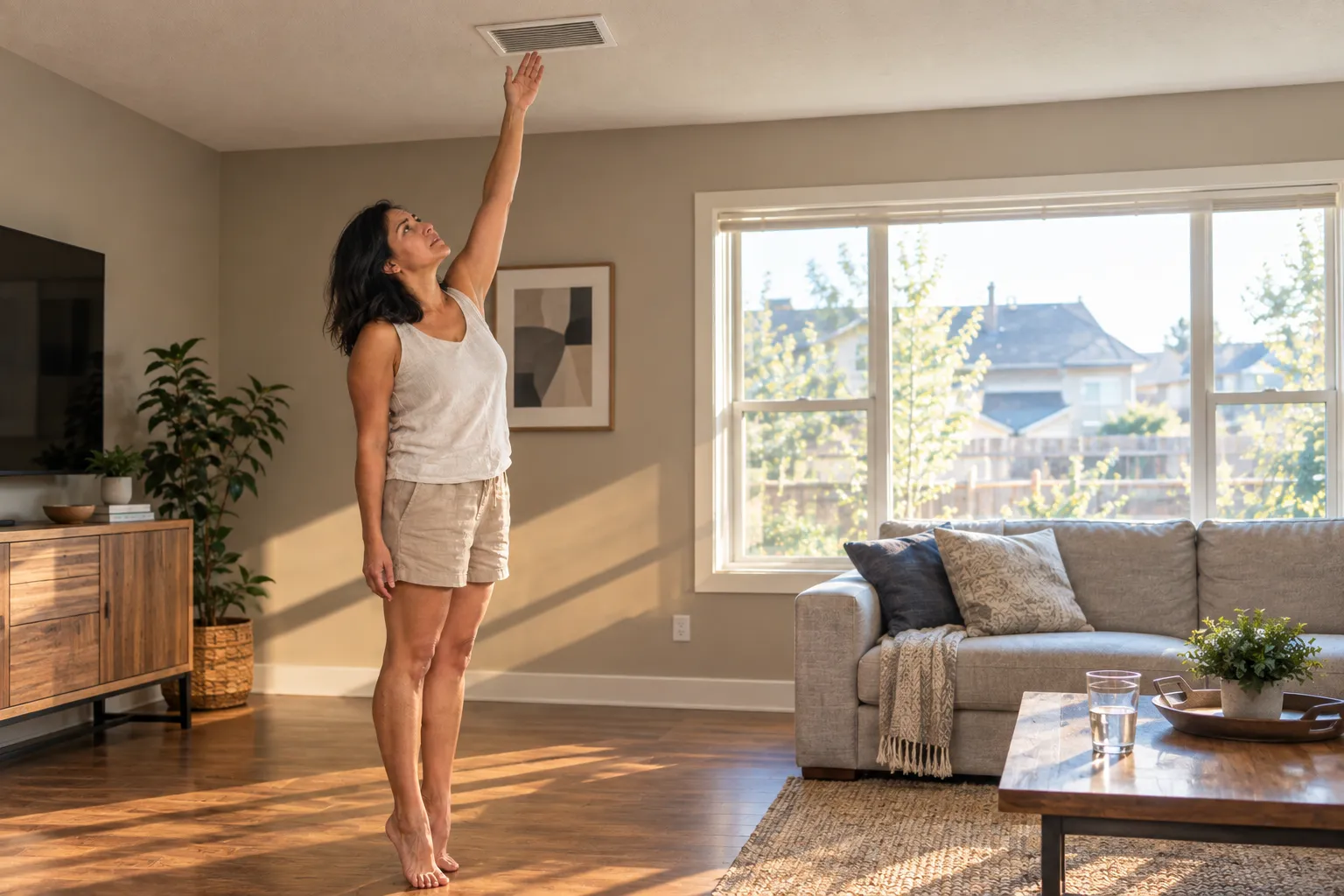 Denver homeowner feeling warm air at ceiling AC vent in living room, suspecting low refrigerant.
