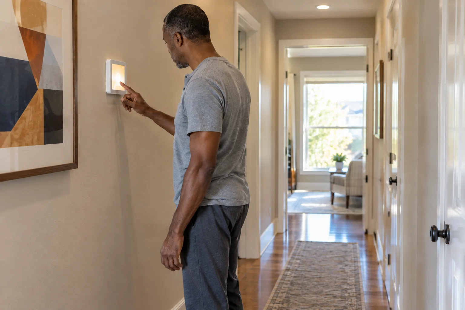 Denver homeowner checking smart thermostat in hallway as home AC fails to reach set temperature on hot August day.