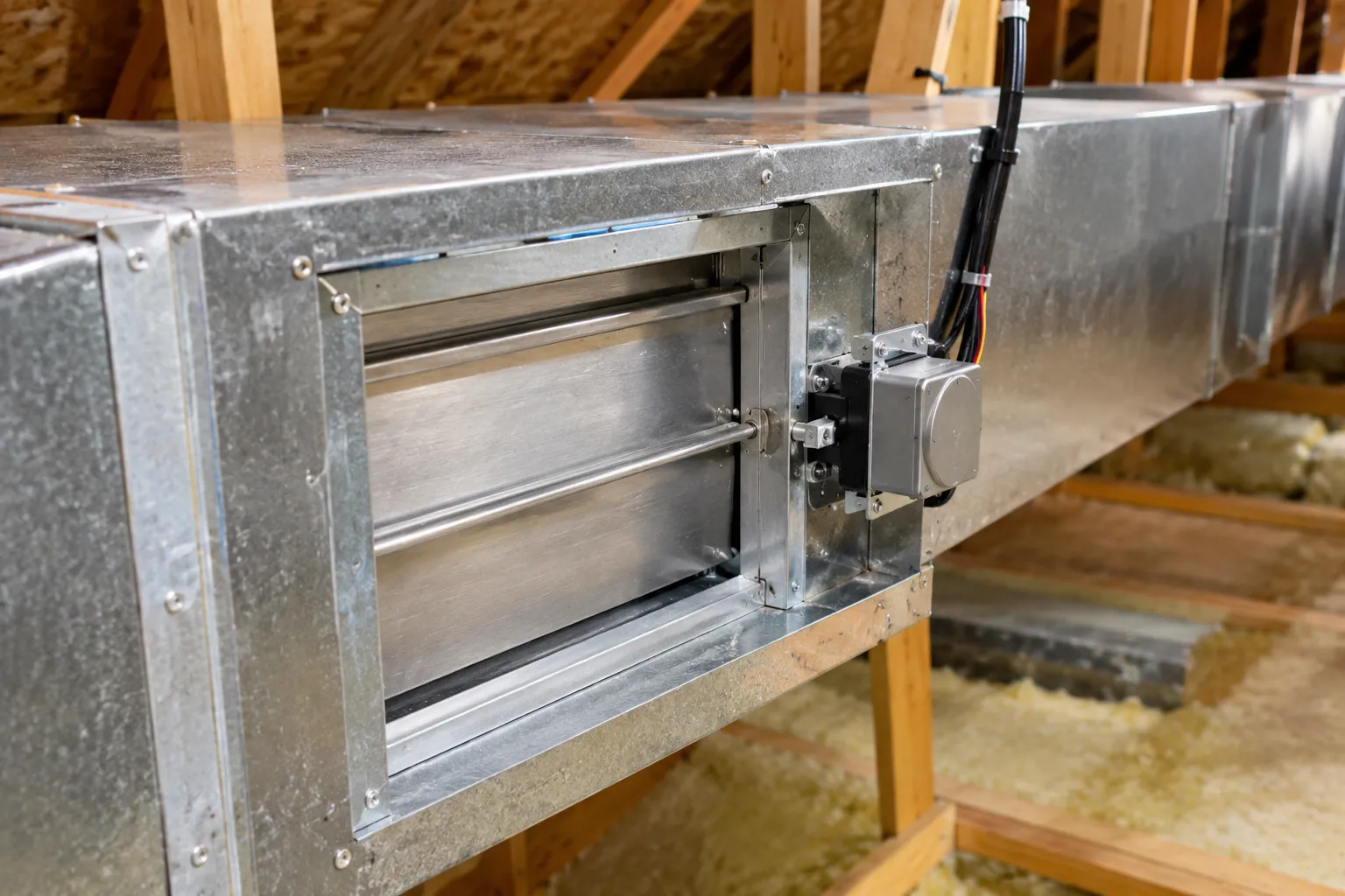Motorized zone damper inside residential HVAC ductwork controlling airflow