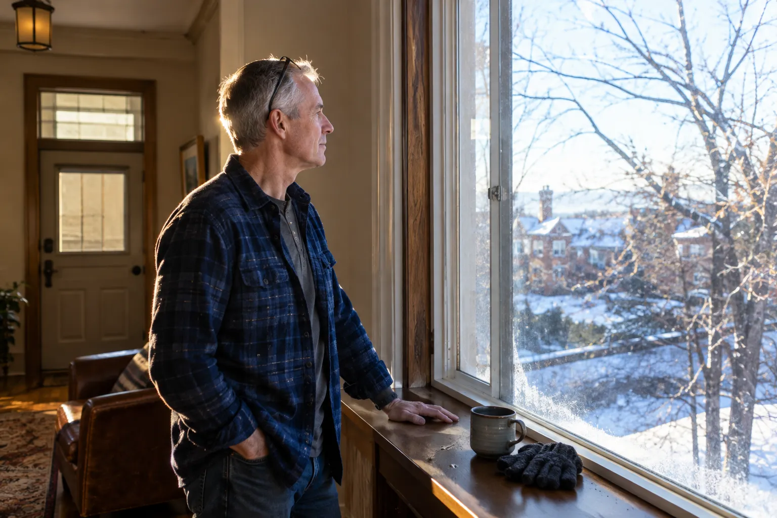 Man in profile beside a frosted Denver window on a dry winter morning, bare trees and snow outside