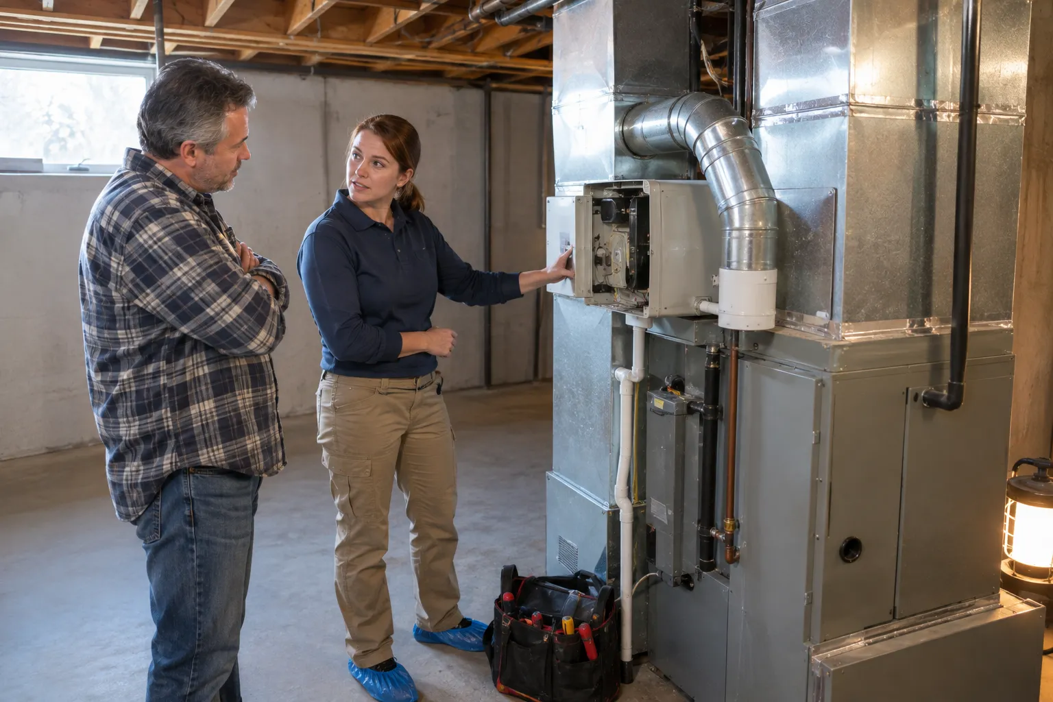 HVAC technician showing a homeowner the bypass humidifier and water panel mounted on a basement furnace
