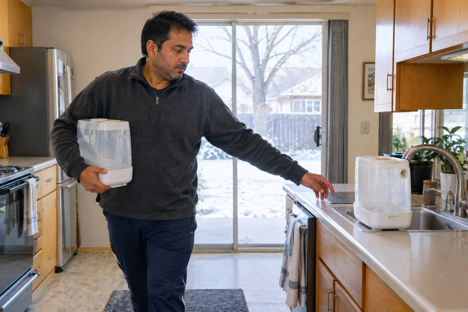 Man carrying a portable humidifier tank to the kitchen sink to refill it, a daily chore whole-house units avoid