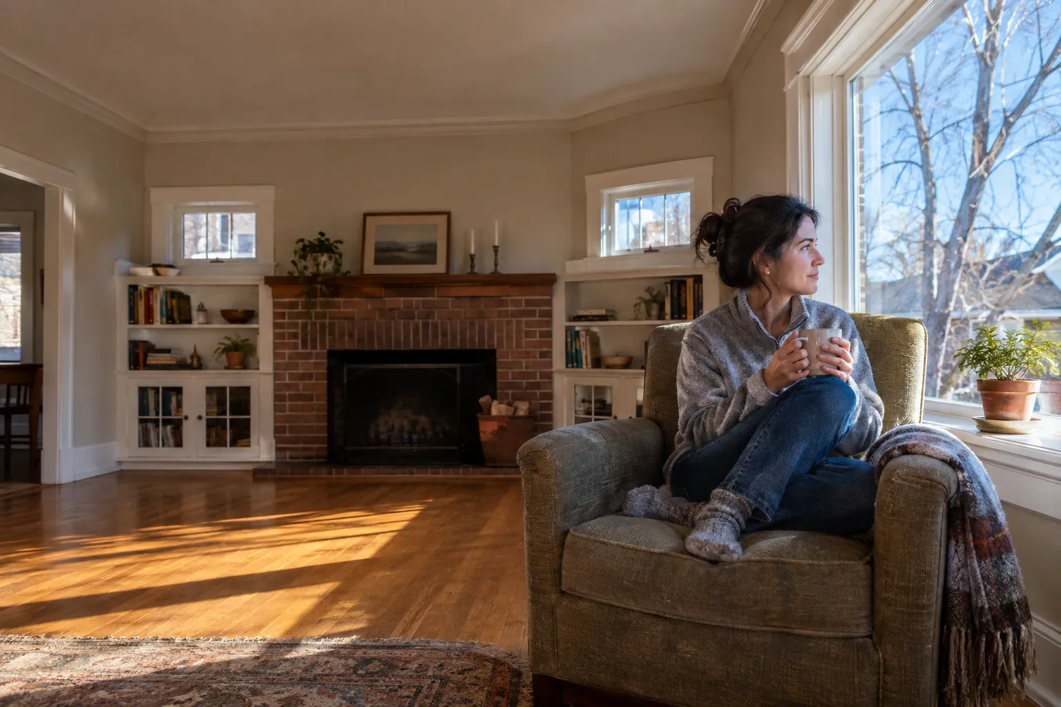 Woman relaxing with tea in a Denver bungalow living room kept comfortable by a whole-home humidifier in winter