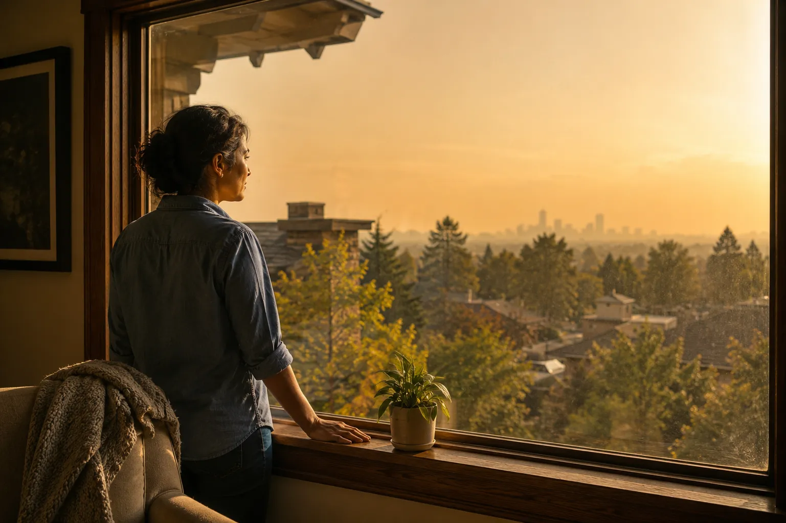 Woman looking out at hazy wildfire smoke sky from inside a Denver home with clean indoor air.