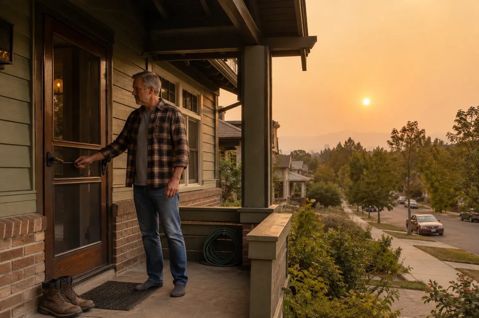 Hazy orange sky over a Denver bungalow during wildfire smoke season with homeowner on porch.
