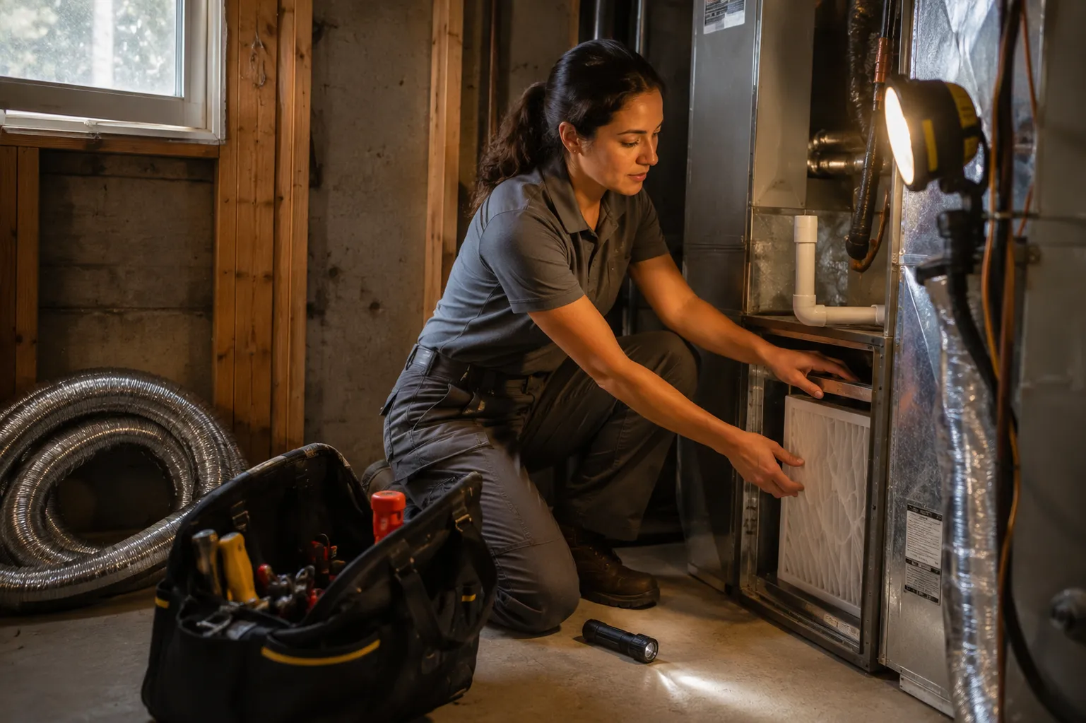 HVAC technician installing a whole-home air purifier at a home's air handler in Denver.