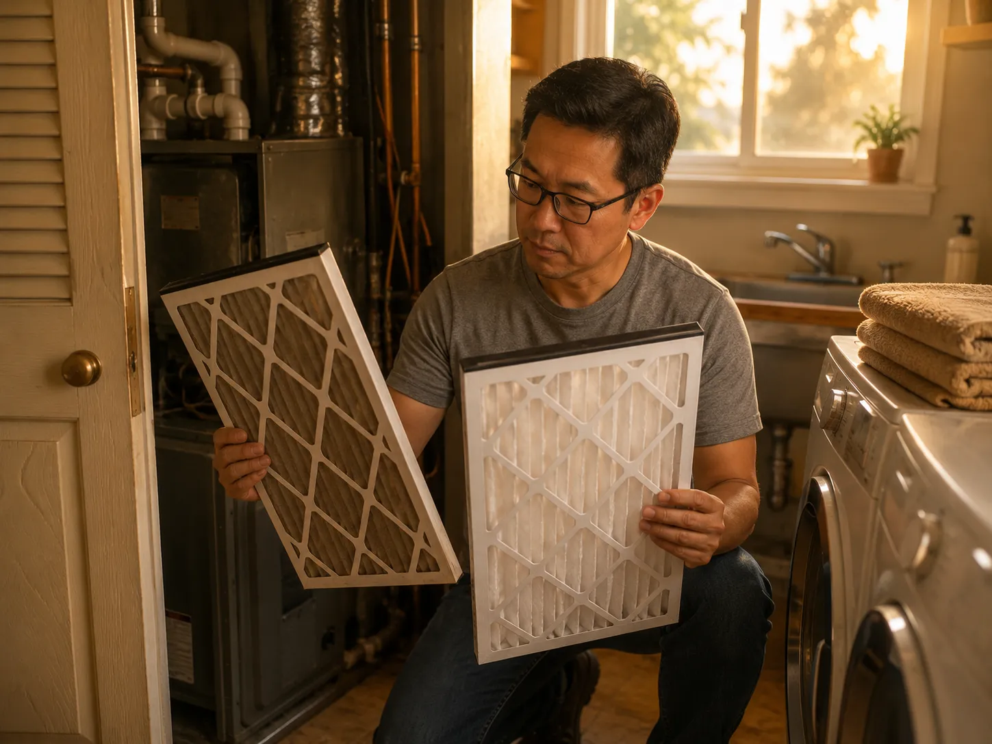 Homeowner comparing a dirty HVAC filter to a clean one during Colorado wildfire smoke season.
