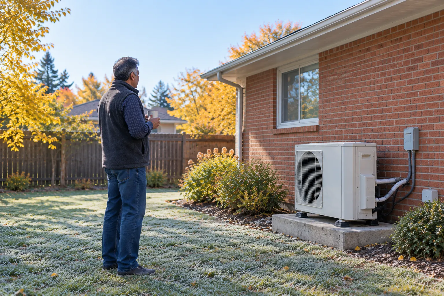Homeowner studies a cold climate heat pump outside his Wheat Ridge home near Denver on a frosty morning.