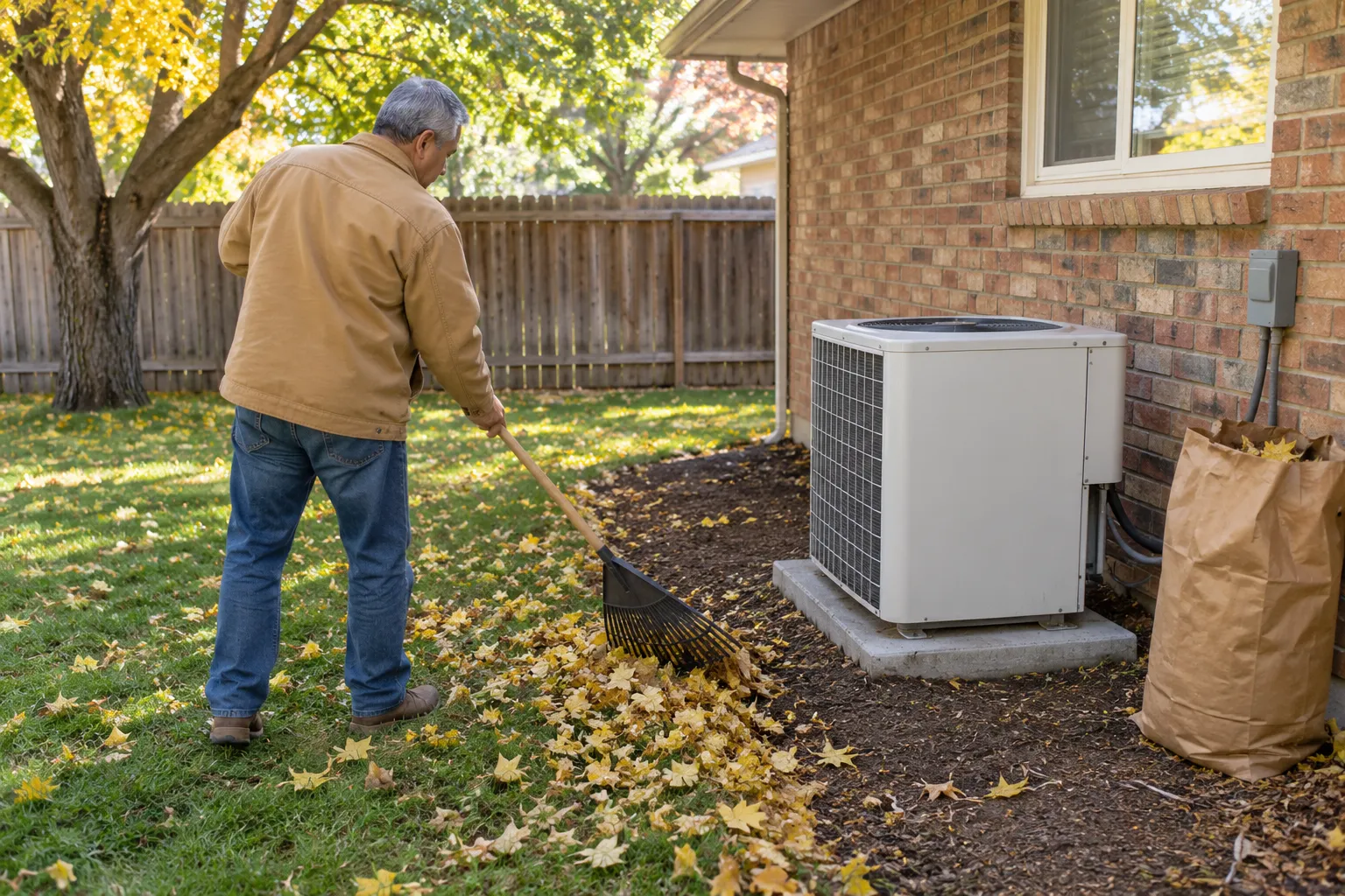Homeowner seen from behind rakes leaves away from an outdoor AC unit beside a brick ranch home in Aurora, Colorado.