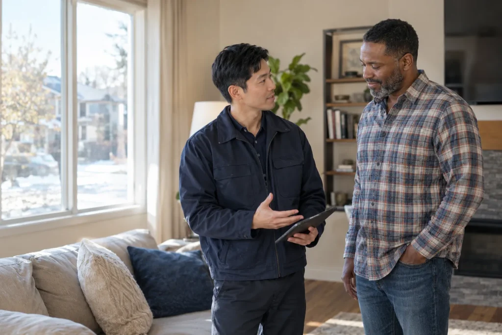 Technician explains a free heat pump system analysis to a Thornton homeowner in his living room.