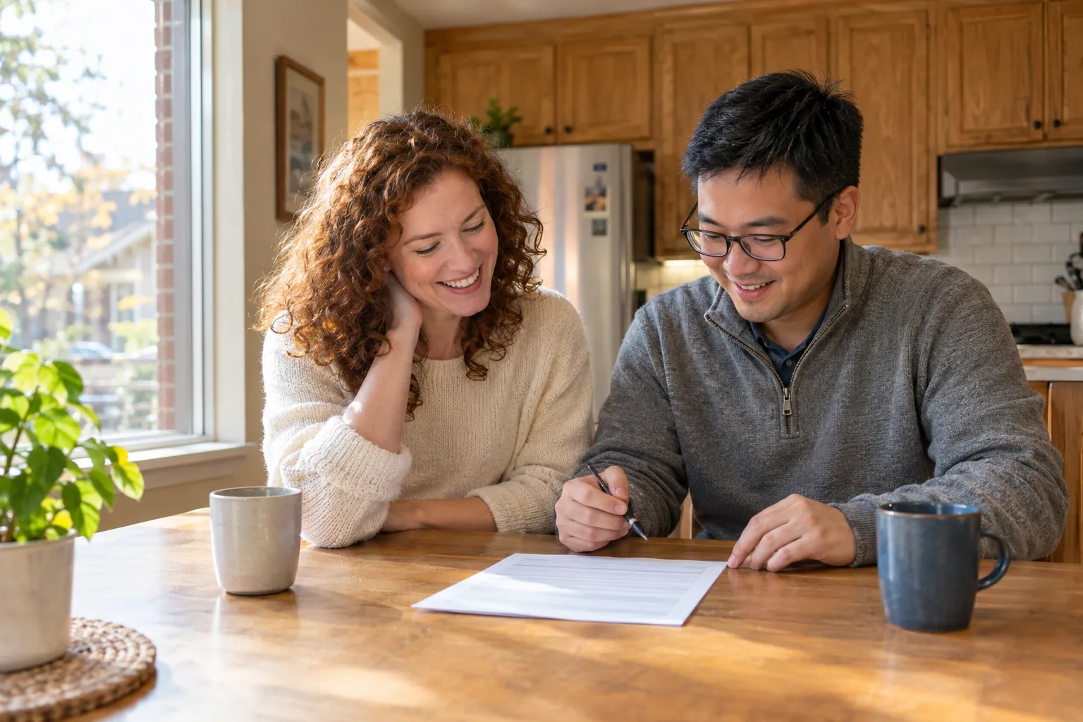 Couple reviewing heat pump vs furnace Denver installation quotes at a kitchen table in Arvada.