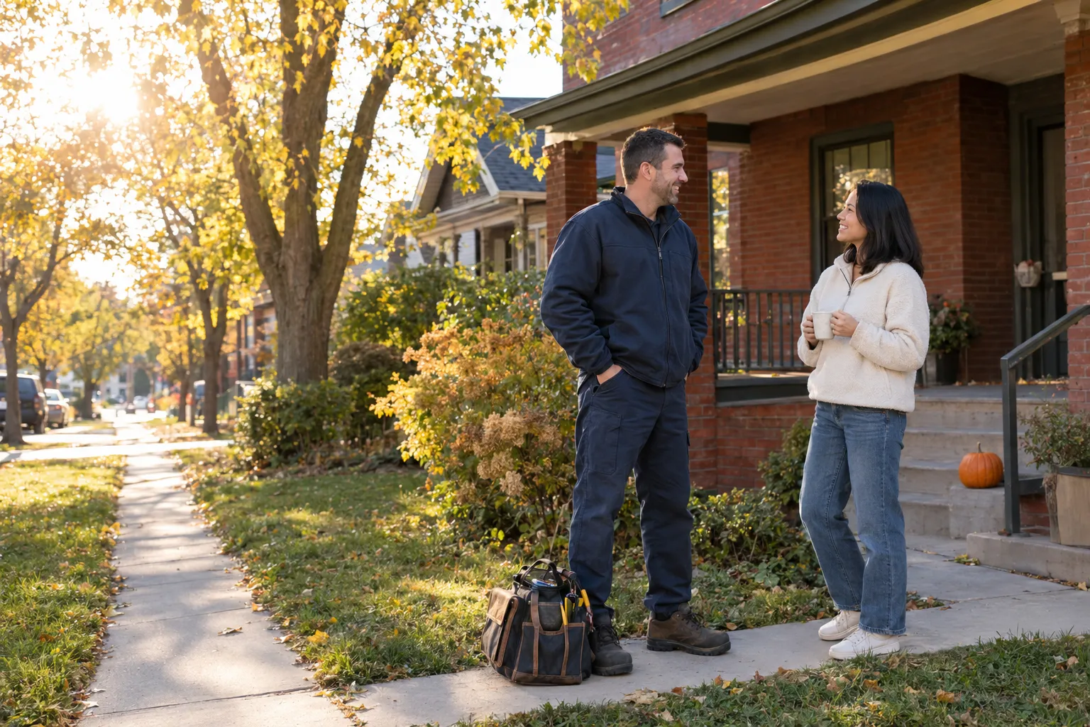 Technician chats with a homeowner on the walk of a brick bungalow, a fall HVAC maintenance checklist visit in Denver.