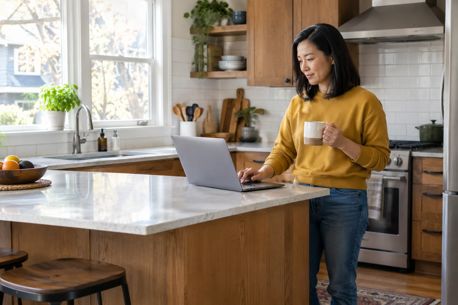 Woman checks HEAR program Colorado eligibility on her laptop at a bright Denver kitchen island.