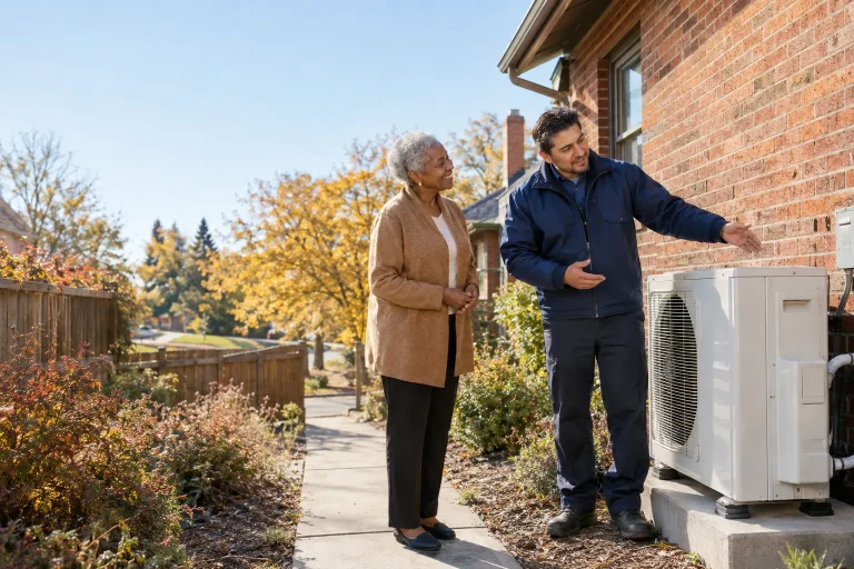 Homeowner and technician discuss heat pump vs furnace Colorado options beside a brick Denver bungalow.