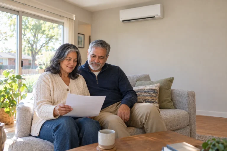 Heat pump rebates Denver 2026: a couple reviews their options in a sunlit Virginia Village living room.