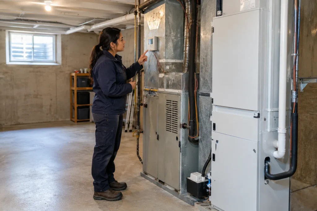 Technician checks a dual fuel heat pump air handler beside a gas furnace in a Westminster basement.