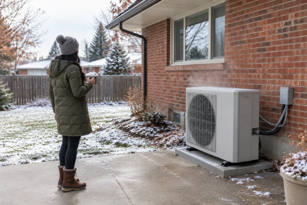 Homeowner seen from behind watches an outdoor heat pump in light snow beside an Arvada brick ranch.