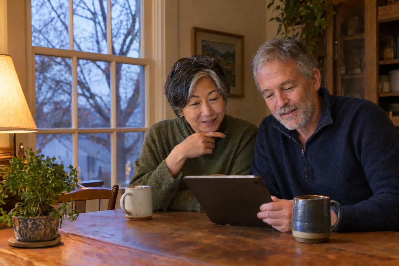 Couple at a kitchen table in a Boulder County cottage compare cold-climate heat pump upgrade options on a tablet.