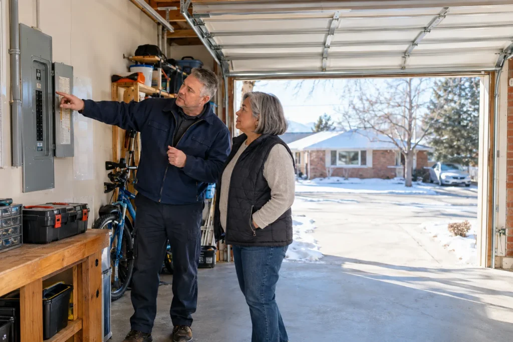 Technician and homeowner review an electrical panel in an Aurora garage before a heat pump installation.