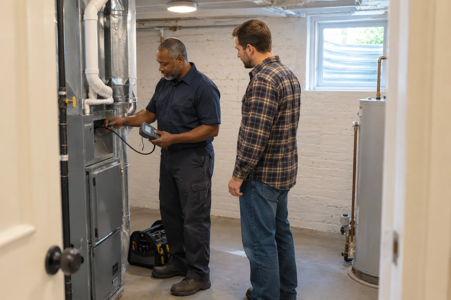 HVAC technician tests a gas furnace with a combustion analyzer while a Denver homeowner watches in the basement.