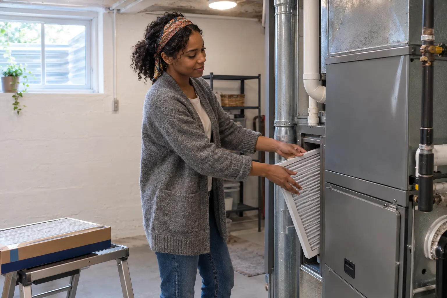 Woman slides a fresh pleated filter into a gas furnace in a clean Denver basement utility room.