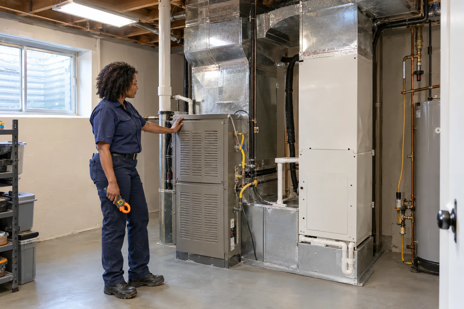 HVAC technician inspecting a dual fuel system in Denver with gas furnace and heat pump air handler.