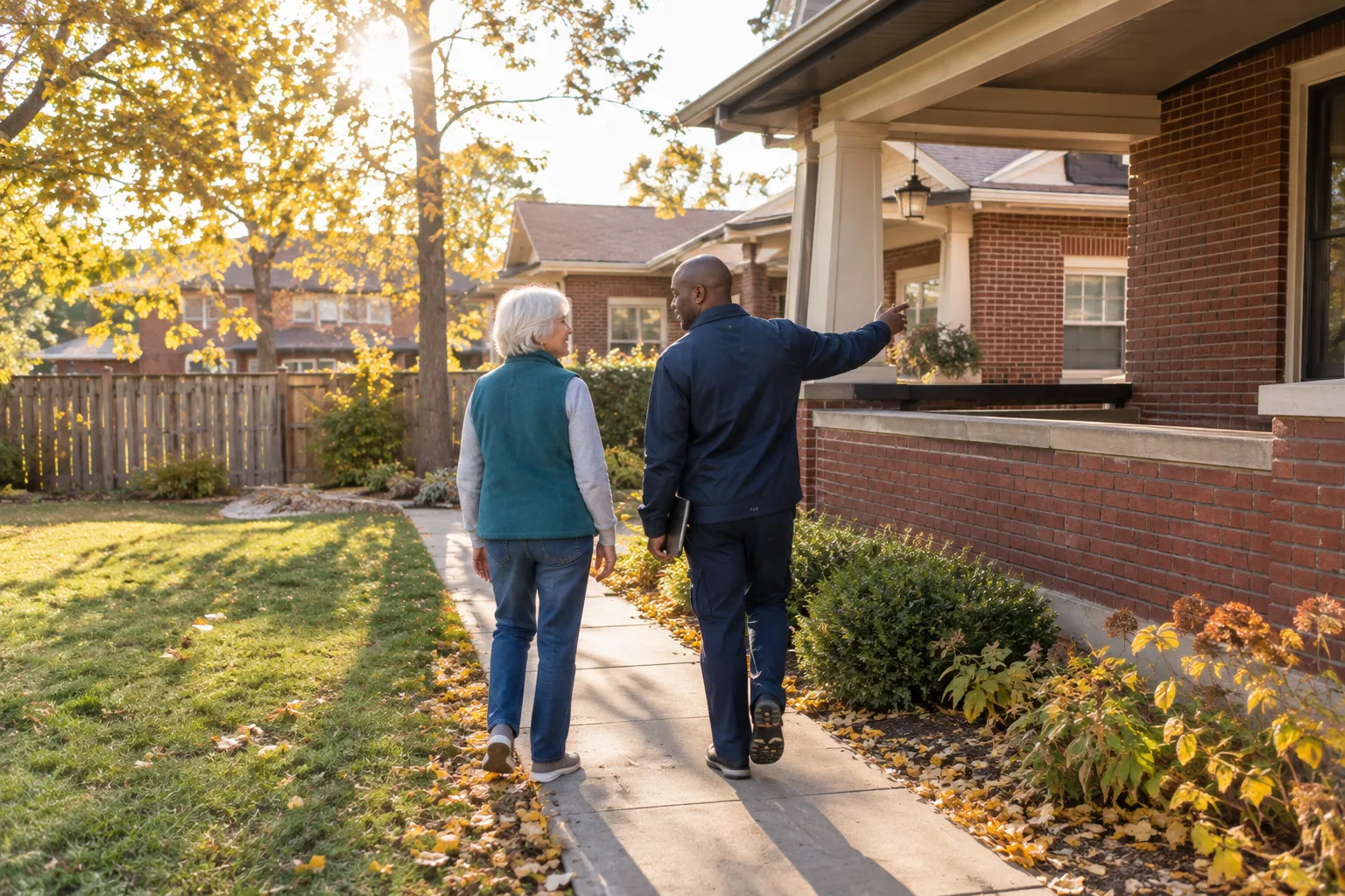 Technician walks a Denver homeowner toward the yard to site her Xcel Energy heat pump rebate installation.