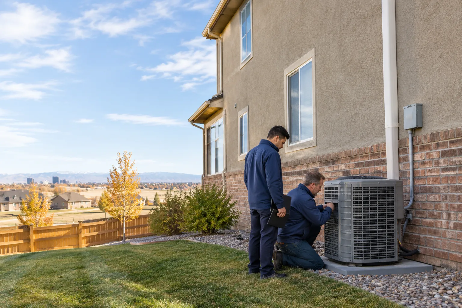 Installers set a cold-climate heat pump on its pad at a Denver home, meeting Colorado heat pump incentives.